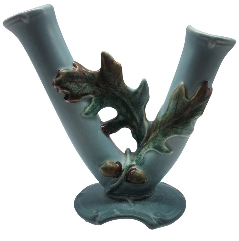 VINTAGE WELLER ART POTTERY BLUE OAK LEAF DOUBLE BUD VASE